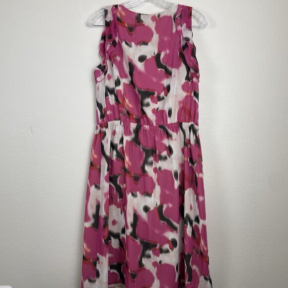 NWT Ann Taylor LOFT Ruffle V-Neck Fit Flare Mini Dress Brunch Floral Pink-10 - Picture 2 of 11